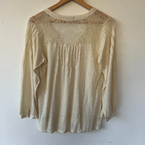 Patterson Kincaid Linen Blouse Womens Medium Cream Lace V-neck Made in USA FLAW - Picture 6 of 9